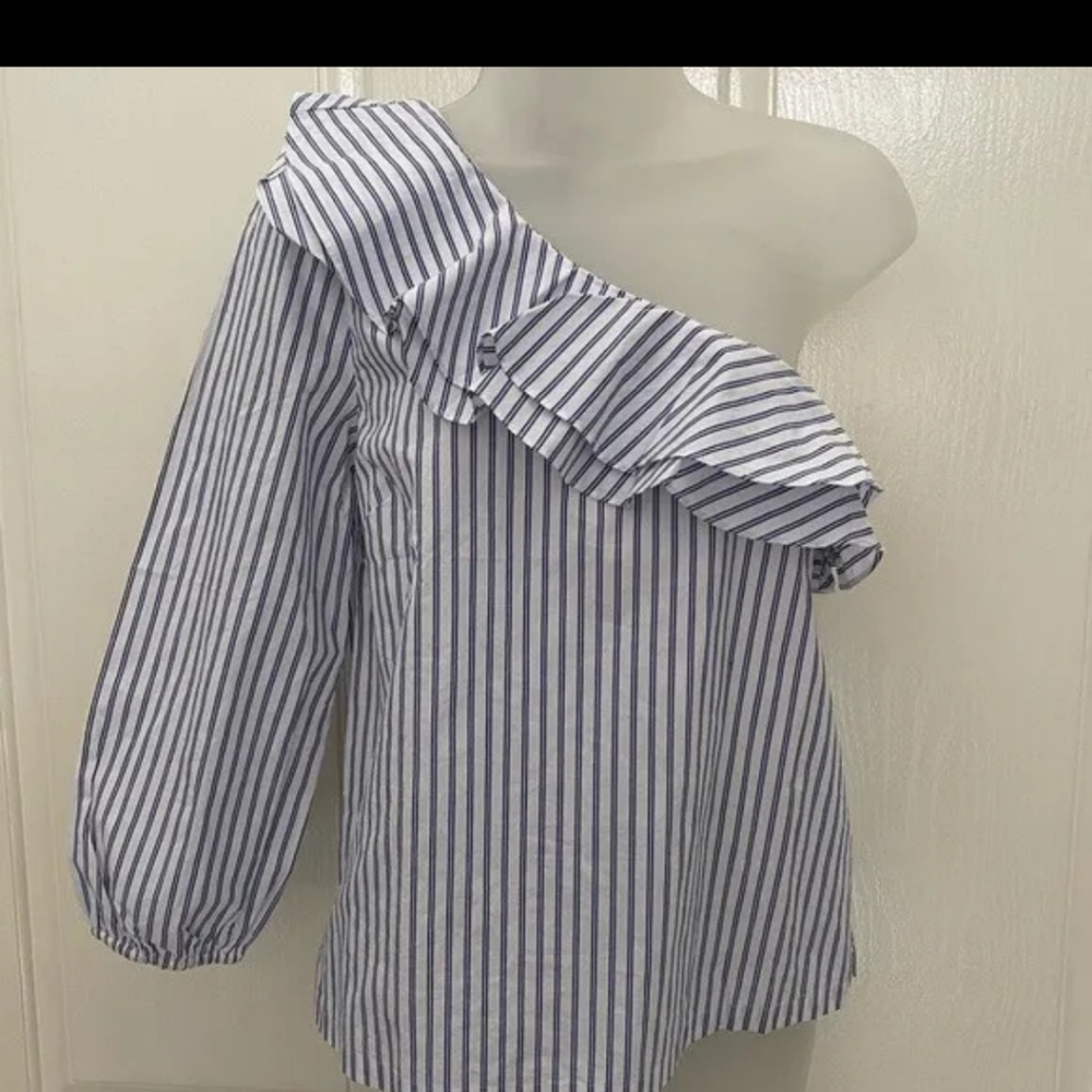 NEW wTag-Women’s J.CREW Blue/White Striped One-Shoulder Shirt Sz 8